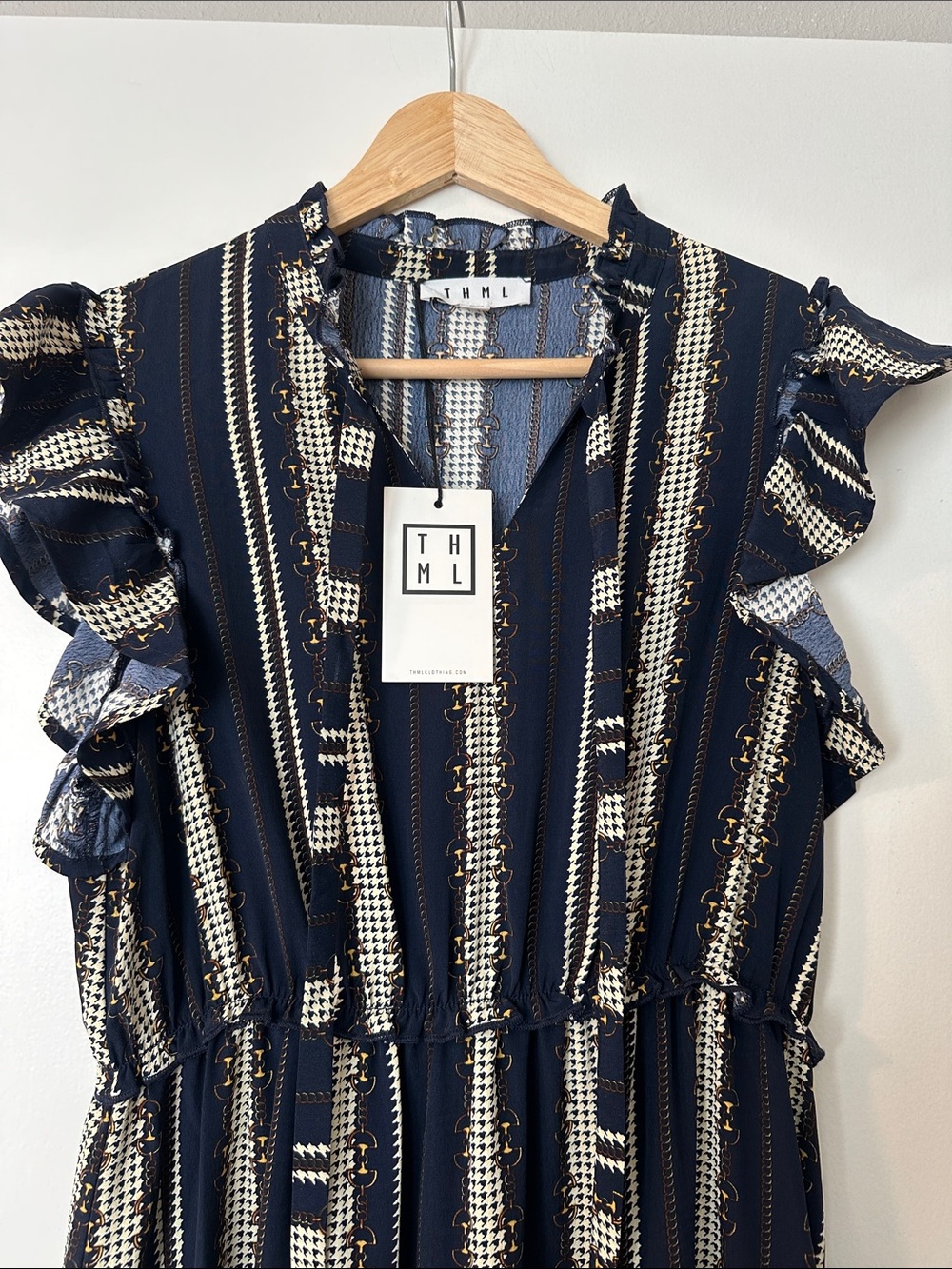 Anthropologie THML Navy and Cream Tiered Ruffle Maxi Dress NWT